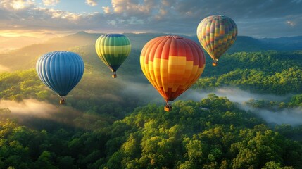 Naklejka premium Colorful hot air balloons drifting over a lush green forest, with rays of sunlight breaking through the trees