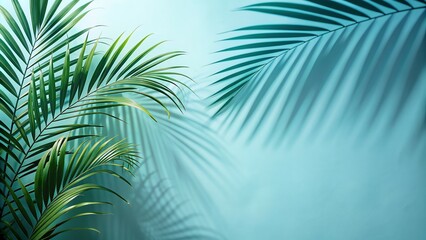 Naklejka premium The blurred palm leaf shadows cast against a light blue backdrop with a subtle summery glow. The ethereal atmosphere creates a perfect platform for highlighting your products