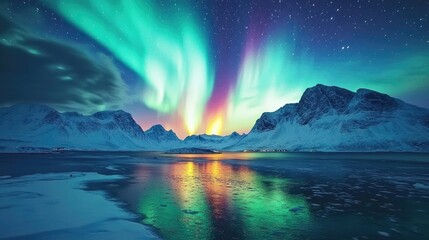 Naklejka premium The northern lights illuminate the night sky over Lofoten Islands, Norway, with their vibrant hues beautifully reflected on the water, creating a serene winter scene.