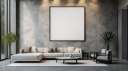 A sofa and a blank banner hanging on the wall define this modern minimalist living room.	
