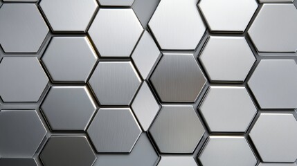 Fototapeta premium Close-up of hexagon-shaped metal tiles, brushed steel finish, emphasizing sharp angles and industrial style, subtle light reflections