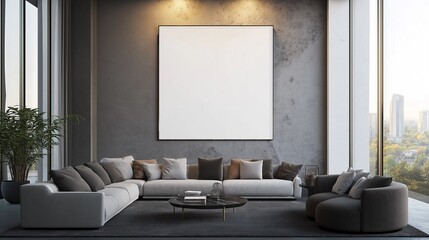 A sofa and a blank banner hanging on the wall define this modern minimalist living room.	
