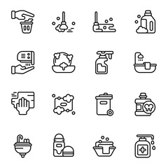 Hygiene icon set. Includes bathtub, cleaning spray, hand dryer, lotion, mop, soap, and More. Outline icons vector collection.