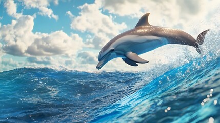 Fototapeta premium A realistic photo of an elegant dolphin leaping out the blue ocean waves, with detailed textures and vibrant colors, under a clear sky with clouds. 