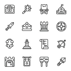 Medieval icon set. Includes armor, bow, crown, heraldic, mace, pillory, and More. Outline icons vector collection.