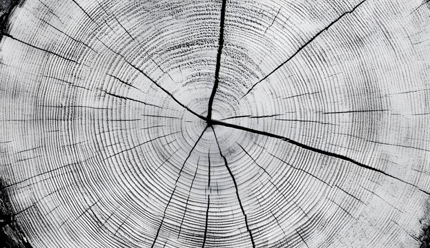 Black and white wooden background with wood rings, tree trunk, cracks. Wood grain texture for design or print in the style of high resolution. 