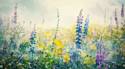 Detailed watercolor of a wildflower meadow, blooming lupines, goldenrod, vibrant flowers, soft morning mist