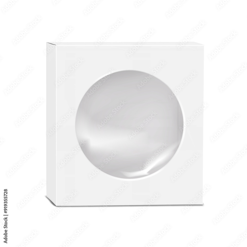 Wall mural white thin square paper box with clear plastic round window and tuck-in flap. realistic 3d vector mo