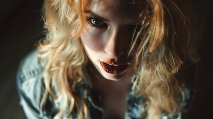 Fototapeta premium Atmospheric close-up portrait of a young woman with disheveled hair and a contemplative, vulnerable expression.