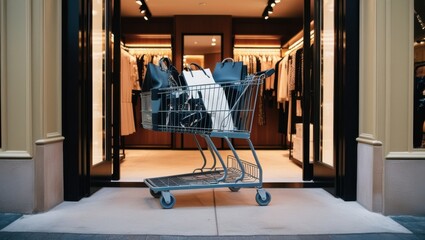 Shopping Spree Success: Overflowing shopping cart outside a boutique, hinting at a successful day of retail therapy.  