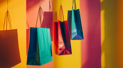 Colorful Shopping Bags with Confetti on Yellow Background