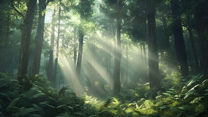 Obraz premium Forest Serenity: Sunbeams Illuminating Nature's Heart