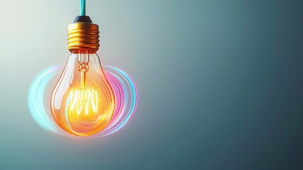 A light bulb hanging in midair with colorful light trails swirling around it, Dynamic Creativity, showcasing the movement and flow of bright ideas