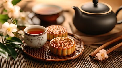 Fototapeta premium Traditional mooncakes with a tea set, presented for the Mid-Autumn Festival, capturing the festive spirit and cultural heritage of the holiday.