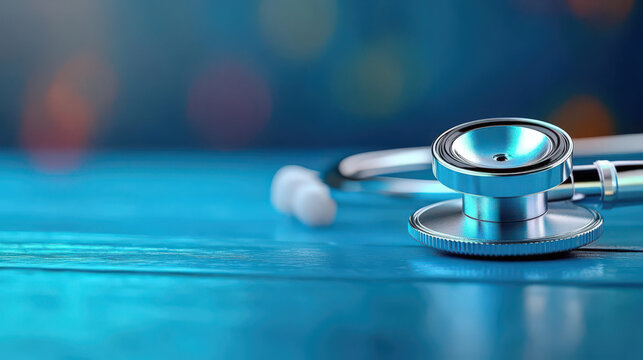 Close-up of a stethoscope on a wooden surface with a vibrant blurred background, symbolizing healthcare and medical professionalism.