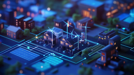 Obraz premium AI-controlled energy grid optimizing renewable energy distribution in a smart city, featuring advanced algorithms, real-time monitoring, and seamless integration of solar, wind, and other renewable so