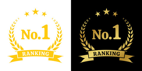 Ranking award. No. 1 rank icon. First place emblem with laurel wreath. Number 1, Best choice golden label or badge. Vector illustration.