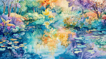 Detailed watercolor of an enchanted garden with shimmering, magical reflections in tranquil waters