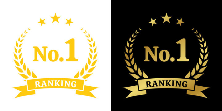 Ranking award. No. 1 rank icon. First place emblem with laurel wreath. Number 1, Best choice golden label or badge. Vector illustration.