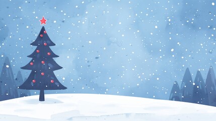 Fototapeta premium Winter Snowy Landscape With Christmas Tree and Falling Snowflakes, Holiday Season Illustration