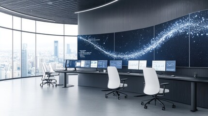 A sleek modern meeting room showcases a white table surrounded by chairs, large monitors displaying data, and futuristic neon lights illuminating the gray walls