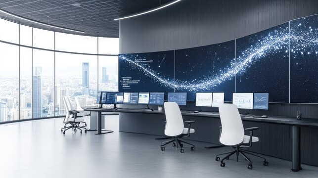 A sleek modern meeting room showcases a white table surrounded by chairs, large monitors displaying data, and futuristic neon lights illuminating the gray walls