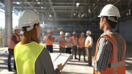 Generate a photo realistic image of new employees undergoing safety orientation, with safety handbook, safety trainers, and safety procedures demonstration visible