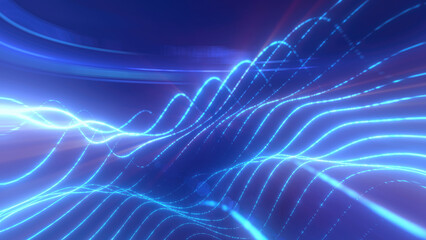 Blue glowing energy waves from small particles and lines abstract background