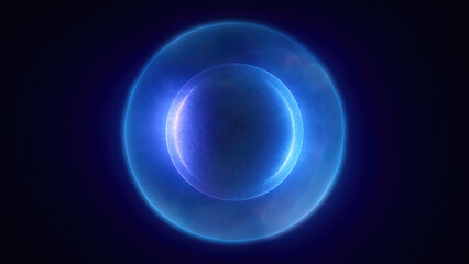 Abstract blue bright glowing background with a sphere core atom energy burning ball circle made of waves of energy rays and plasma with light