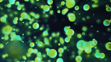 Abstract green glowing background with flying balls circles atoms molecules particles energy bubbles