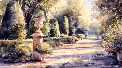 Fototapeta premium Idyllic watercolor of a French formal garden, topiary sculptures, gravel pathways, beautiful statues, gentle evening glow