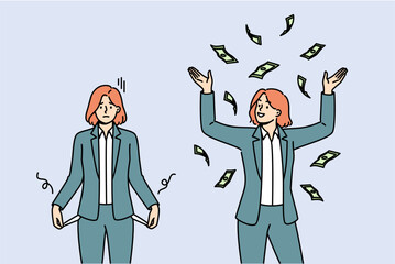 Financial progress of poor business woman who has increased income and throws money up. Girl with empty pockets became rich thanks to successful investments in financial market or purchase of bonds