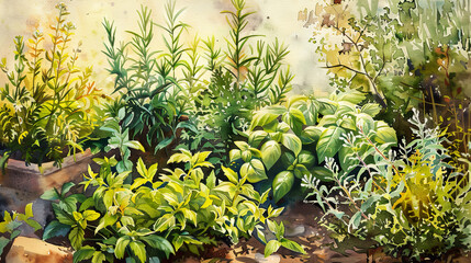 Fototapeta premium Idyllic watercolor of a herb garden, vibrant basil, rosemary, thyme, warm evening light