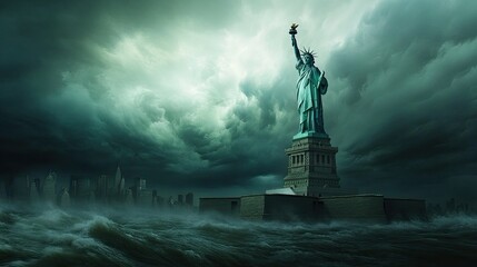 Fototapeta premium The Statue of Liberty standing tall against a backdrop of stormy clouds, symbolizing resilience and hope in the face of adversity.