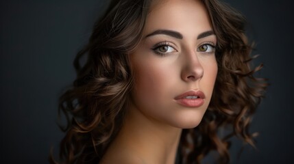 Chic Allure: a glamorous brunette supermodel with beautiful hair, exuding confidence and grace.