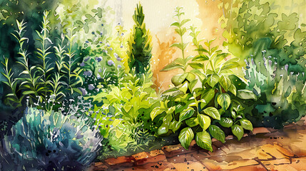 Idyllic watercolor of a herb garden, vibrant basil, rosemary, thyme, warm evening light