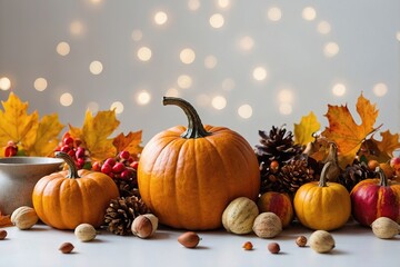 A panel for Thanksgiving Day, which is a composition made up of decorative pumpkins, apples, pears, nuts, flowers and autumn leaves; on a white background
