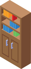 Modern wooden bookcase standing in room isometric view, concept of furniture, office or library