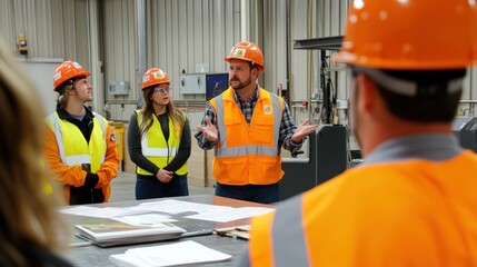 Generate a photo realistic image of new employees undergoing a safety induction program, with safety manuals, safety videos, and safety trainers visible