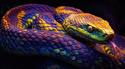 Fototapeta premium A coiled snake with vibrant scales, ready to strike, with its tongue flicking out and eyes focused intently, set against a dark, mysterious background.