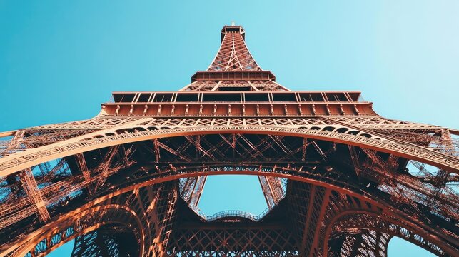 A close-up of the Eiffel Tower intricate ironwork, with the clear blue sky as a backdrop, highlighting the architectural beauty of this iconic structure.