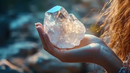 A close-up of a hand holding a sparkling crystal, radiating light and showcasing its unique beauty against a natural background.