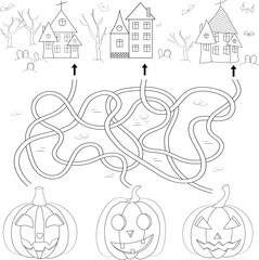 Labyrinth or maze game. Puzzle for kids. Help pumpkins find their way home. Coloring for kids.