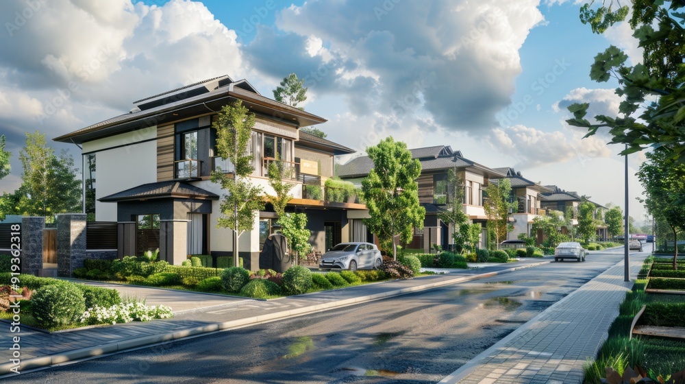 Poster a row of houses with a car parked in front of one of them