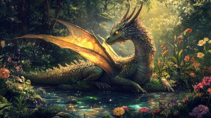 A peaceful dragon resting in a lush, enchanted forest, with colorful flowers and sparkling streams, showing a different, serene side of the legendary creature.