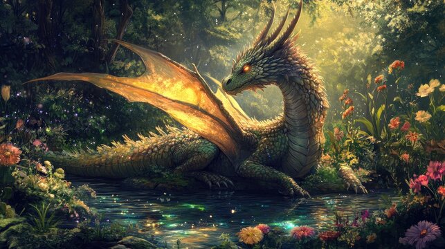 A peaceful dragon resting in a lush, enchanted forest, with colorful flowers and sparkling streams, showing a different, serene side of the legendary creature.