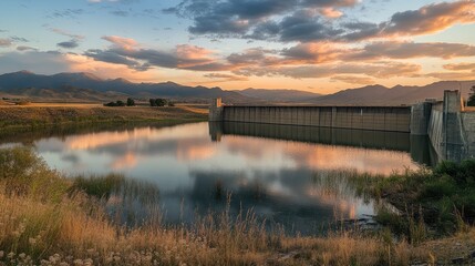Obraz premium A serene landscape featuring a dam at sunset, with the water reflecting the warm hues of the sky, and mountains in the distance.