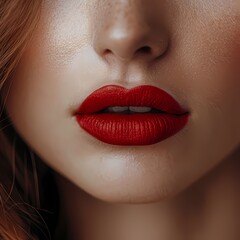 Fototapeta premium Close-up of a woman's lips featuring a vibrant red lipstick, showcasing a smooth texture and elegant beauty.