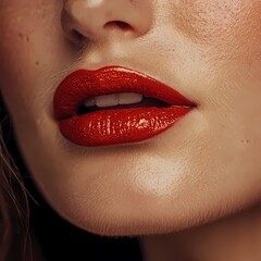 Fototapeta premium Close-up of glossy red lips on beautiful skin, showcasing elegance and glamour in makeup artistry.