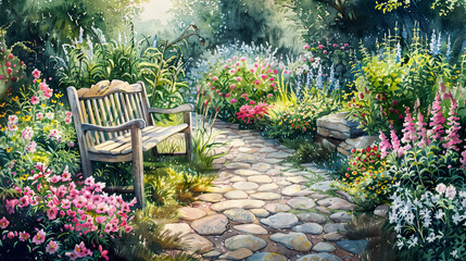 Obraz premium Idyllic watercolor of a traditional English garden, wildflowers, cobblestone path, antique wooden bench, gentle evening light